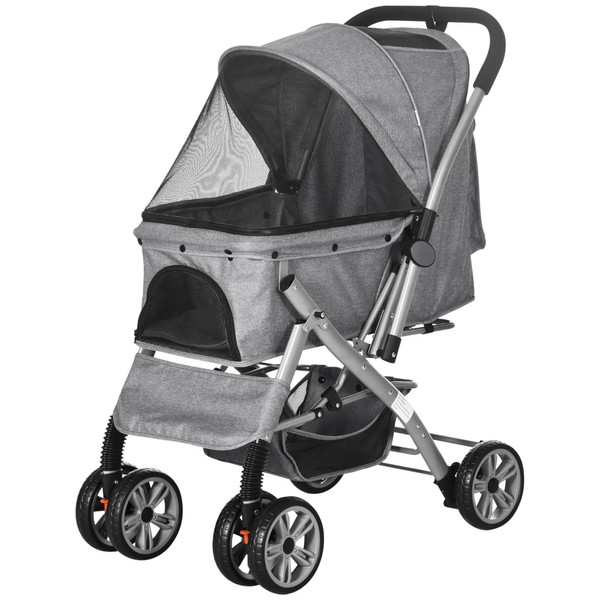 PawHut Folding buggy pushchair for dogs and cats, storage bag, safety fasteners, adjustable cover, Oxford steel, heathered grey, black
