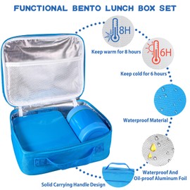 Bento Lunch Box Set for Kids with 10oz Soup Thermo, Leak-Proof Lunch Containers with 4 Compartment, Kids Thermo Hot Food Jar and Insulated Lunch Bag for Kids to School,BPA-Free(Blue)