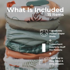 Nora's Nursery Cloth Diapers 7 Pack with 7 Inserts & 1 Wet Bag - Waterproof Cover, Washable, Reusable & One Size Adjustable Pocket Diapers for Newborns and Toddlers - Oasis