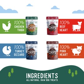 Beg & Barker Jerky Chips for Dogs Variety (3.5oz, Pack of 4) - Single Ingredient Dog Treats Made for Small and Large Dogs Protein Human Grade Dog Treats Made from Real Meat, Made in USA