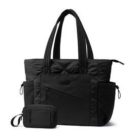 LOVEVOOK Tote Bag Handbags for Women, Large Women's Puffer Totes with Zipper for Ladies Work School Travel Daily Use, Teacher Lightweight Shoulder Hand Bag fit 15.6inch Laptop, Black