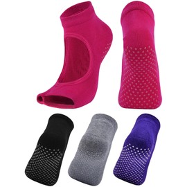Dress Cici Open Toe Yoga Socks, Non Skid Pilates Socks, Low Cut Bare Socks with Bottom Grips (4 Pack: Black+Grey+Purple+Rose Red), Asia Size One Size
