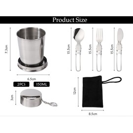Anlising Stainless Steel Folding Cup, Pack of 2 Cups, Foldable Stainless Steel with Key Ring, 150 ml Stainless Steel Travel Folding Cup, Portable Folding Cup, Outdoor Telescopic Folding Cup, for