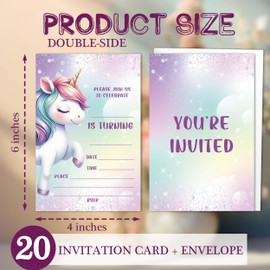 Unicorn Birthday Invitations, Rainbow Unicorn Party Invitation Card, 20 Pack Girls Invite with Envelopes, 4x6 Inch Kids Birthday Invitations for Boys Girls, Unicorn Birthday Party Supplies-B01