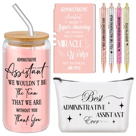Skylety 7 Pcs Administrative Assistant Gifts Set 16oz Glass Tumbler Makeup Bag Ballpoint Pens Admin Professional Day Secretary Thank You Gift for Women Lady Coworkers Office