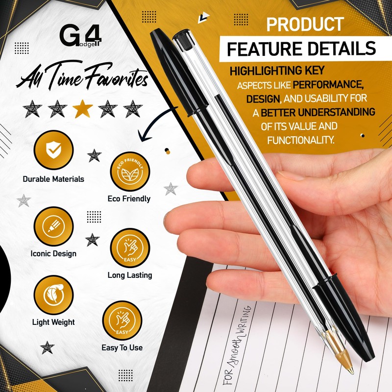 G4GADGET Pack of 50 Black Pens - Smooth Writing Ballpoint