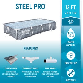 Bestway Steel Pro 12' x 6' 7" x 26" Rectangle Above Ground Outdoor Swimming Pool Set with DuraPlus Liner and FrameLink System, Gray