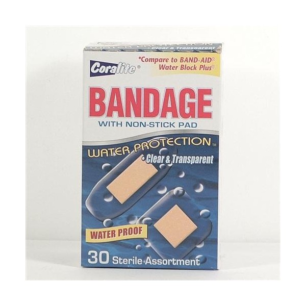 Coralite Waterproof Bandages with Non-Stick Pad, Assorted Sizes (30 Count)