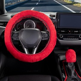 SEG Direct Furry Car Steering Wheel Cover with Fluffy Gear Shift Cover Soft Warm Non-Slip Car Decoration for Women Girls 2 PCS Set, Red