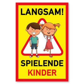 Achtung Kinder Sign (20 x 30 cm Plastic) - Warning Sign Playing Children - Caution Here Play Children - Please Slow Drive - 511653