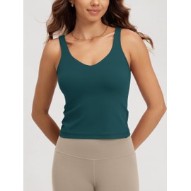 ODODOS Cloud Feeling Tank Bra for Women U Back Wirefree Sports Bra Yoga Top, Waist Length, Forest Teal, Large