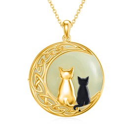 HPQQ Jade Cat Necklace for Women Sterling Silver Plated Gold Round Jade Pendant Necklace 2 Cat Jewelry Gifts for Cat Lovers Women Mom