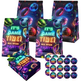 24 Pcs Neon Sports Goodie Bags with Stickers - Neon Sports Themed Birthday Party Favor Bags, Perfect for Kids' Sports Party Supplies and Treat Bags