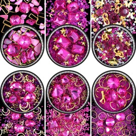 6 Wheels Mixed Sparkle Nail Art Rhinestones Diamonds Crystals Butterfly Beads Artificial Pearls Gold Silver Nail Studs Gems Metal Hollow Rivets Charms (Hot Pink)