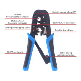 VCELINK GJ668BL Crimping Tool RJ45, RJ12, RJ11, Professional Crimping Tool Ethernet with Stripping and Cutting for Network Connectors Cat7 Cat 6A Cat 6