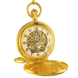 OGLE Vintage Double Copper Cover Case Dual Movement Skeleton Chain Fob Self Winding Automatic Mechanical Pocket Watch (White Dial Solid Cover)