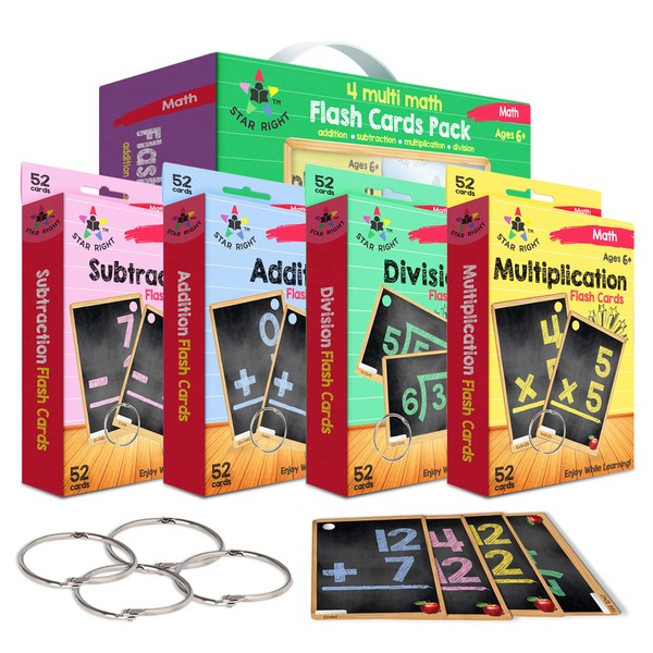 Star Right Multi Math Flashcards Pack - Addition, Subtraction, Multiplication, & Division - 1 Ring and 52 Hole Punched Cards Per Set - 208 Cards Total