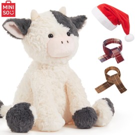 MINISO 10.5" Cow Stuffed Animal with Santa Hat & Scarf Set Ultra-Soft Cuddle Cartoon Stuffed Plush Toy for Kids Boys Girls Christmas