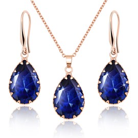 Jertom Austrian Crystal Jewelry Set 14k Gold Plated Teardrop Pendant Necklace and Pear Shape Dangle Earrings Collections for Women Girls, sapphire set rose, Brass Copper Gemstone, Sapphire Cubic