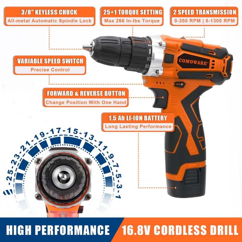 COMOWARE 16.8V Cordless Drill Set Combo Kit, 153 Pcs Tool