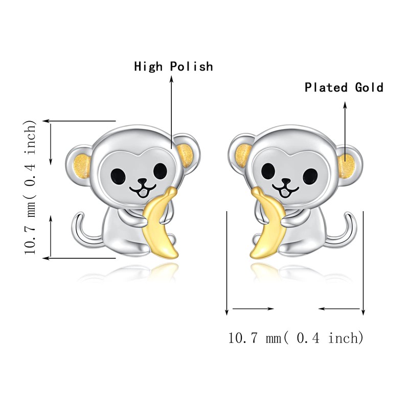 925 Sterling Silver Monkey Earrings Stud Hypoallergenic Cute Animal Jewelry
