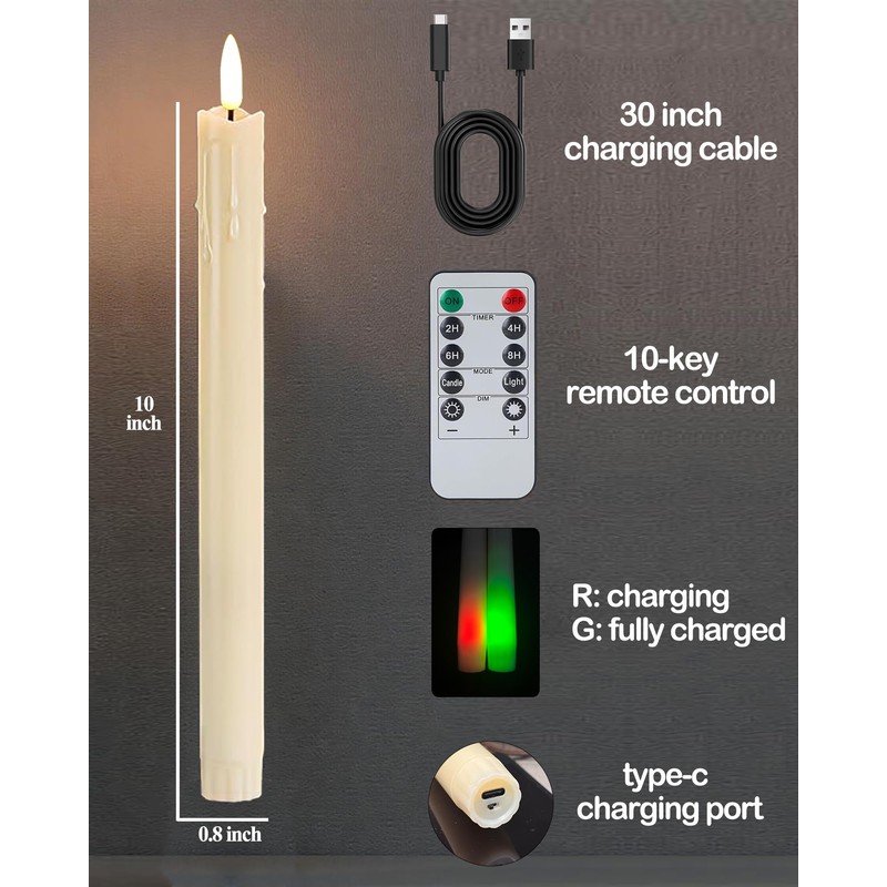 Gmnee 9.6" Rechargeable Flameless Taper Candles with Remote, Timer, Dimmer,