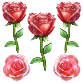 Giant Rose Foil Balloons Set – 3PCS 38"x18" Realistic Rose Bouquet + 2PCS 18" Dew-Kissed Balloons for Valentine's Day, Wedding, Anniversary, Romantic Party Decorations