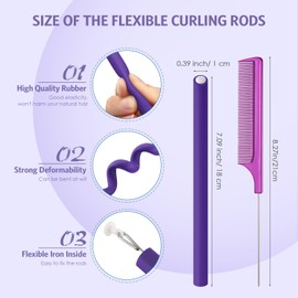 Syhood 30 Pcs 7'' Flexible Curling Rods Twist Foam Hair Rollers Soft Foam No Heat Hair Rods Rollers and 1 Steel Pintail Comb Rat Tail Comb for Women Long Short Hair(Purple,7 x 0.39 Inch)