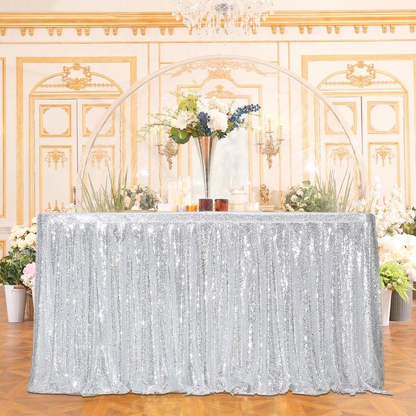Juya Delight Sequin Table Skirt Rectangle Round Table Cover for Party Wedding Baby Shower Decoration（Silver，L 14(ft) * H 30in ）