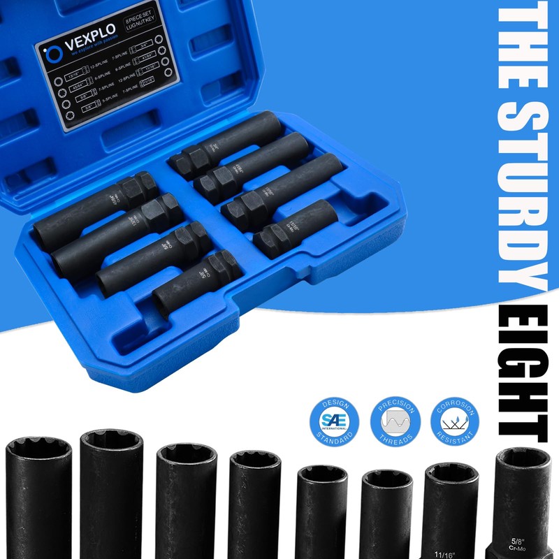 VEXPLO Spline Lug Nut Socket Set, 8 Piece SAE &