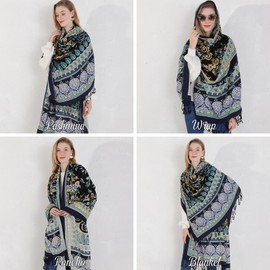 DANA XU 100% Merino Wool Extra Large Pashmina Blanket Travel Scarf Cashmere Wrap for Women Fall Winter Oversize Shawl Floral