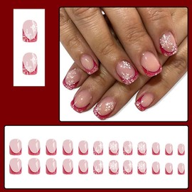 Christmas Red French Tips Press on Nails Short Square - MINGCHUN Glossy Fake Nails with Snowflakes Designs Nail Tips Full Cover Acrylic False Nails Xmas Winter Glue on Nails for Women Girls 24 Pcs