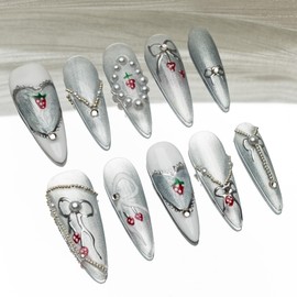 Sun&Beam Nails Handmade Press-on Long Amlond Silver Red White Rhinestone Pearl glossy Design Fashion False Nail Tips 10 Pcs Set (#173 M)