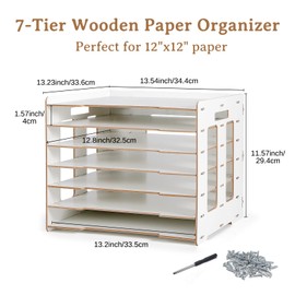 Caydo 12x12-7 Tier File Scrapbook Paper Organizer for Desk, Wood Scrapbook Paper Storage Rack for 12x12 Inch Scrapbook Papers, Heat Transfer Papers, Vinyl, Portfolio