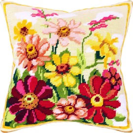 Brvsk Zinnias. Stamped Cross-Stitch Kit w/Printed Tapestry Canvas (40 × 40 cm) — Stamped Cross-Stitch Cushion Kit for Creative Home Décor — Needlework Kit for Adult Beginners