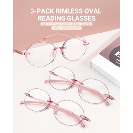 LUFF 3-Pack Rimless Oval Reading Glasses for Women,Stylish Blue Light Blocking Frameless Computer Readers Anti Eyestrain(2.5X)