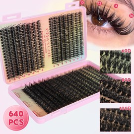 Lash Extension Kit - 640 Pcs Individual Lashes 10-16mm Fluffy D Curl Clusters Eyelashes 60D 80D 100D with Lash Bond and Seal, Tweezer & Brush, Natural Look, Easy DIY At-Home Application