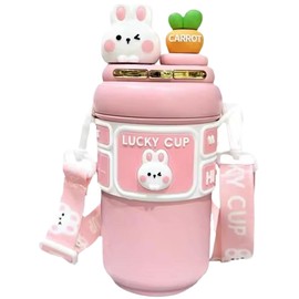 Kawaii Water Bottle, 19oz Stainless Steel Water Insulation Bottle with Straw & Adjustable Strap, Cute Rabbit Leak-Proof Bottles for Girls Sports Camping Travel (Pink) Kawaii