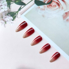 Christmas Press on Nails Medium Almond Fake Nails with Burgundy Gradient Design Red Glitter Glue on Nails Glossy Full Cover Stick on Nails Acrylic Winter False Nails for Coquette Women 24Pcs