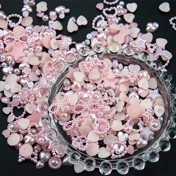 500Pcs Pink Pearls Heart Nail Charms Mixed Styles Flatback Heart Bowknots Star Sunflower Assorted Cute Pink Pearls Heart 3D Nail Art Charms for Nail Art DIY Crafts Accessories