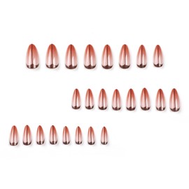 MERVF Almond Press on Nails Medium Fake Nails Brown French Tip Stiletto Glue on Nails with Ombre Design Acrylic Nails Press ons Artificial Lines False Nails 24pcs Glossy