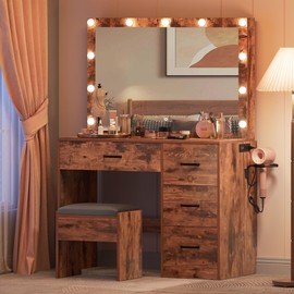 YITAHOME Makeup Vanity Set with Adjustable LED Mirror, Power Outlets, 4 Drawers, and Cushioned Stool