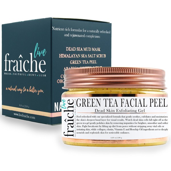 Live Fraiche 24k Gold Brightening Facial Peeling Gel Green Tea - 4.23oz -Secret Cure to Clogged Pores -Gentle Deep Exfoliator Key to Remove Dead Skin & Dirt for forever flawless clearer younger skin