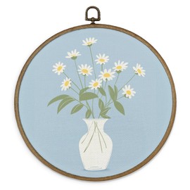 MAQIKA Light Blue Daisy Vase Framed Wall Art Decor, Floral Wall Decor, Blue Flower Botanical Round Wall Hanging Decor, Minimalist Daisy Canvas Prints Wall Art for Dorm Room Bedroom, 10x10 Inch