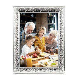 Happy Homewares Classic Rectangular Silver Plated Metal 5" x 7" Picture Frame with Chic Floral Border | Black Velvet Backing | Free Standing Only