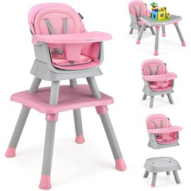 BABY JOY Baby High Chair, 8 in 1 Convertible Highchair for Babies & Toddlers | Booster Seat | Table and Chair Set | Building Block Table | Toddler Chair with Safety Harness, Removable Tray (Pink)