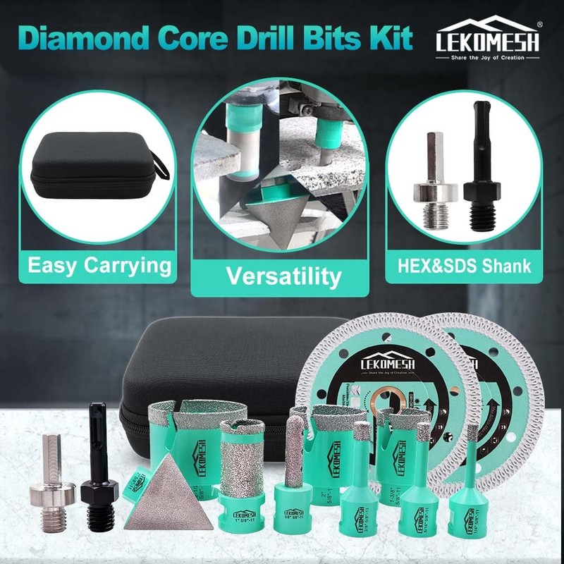 LEKOMESH Tile Hole Saw Kit for Porcelain - (6/8/10/35/50/65mm+Finger Bit+Drilling