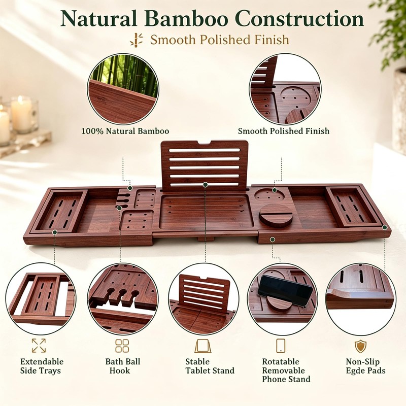Bamboo Bathtub Tray, Expandable Foldable Bath Caddy, Walnut