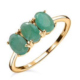 TJC Emerald Trilogy Ring In 14ct Gold Plated 925 Sterling Silver for Women Size M Prong Setting Green Coloured May Birthstone