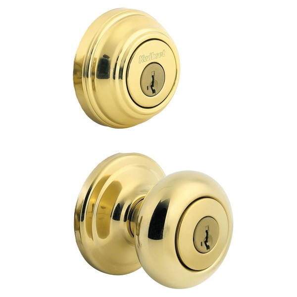 Kwikset Juno Keyed Entry Door Knob and Single Cylinder Deadbolt Combo Pack with Microban Antimicrobial Protection featuring SmartKey Security in Polished Brass